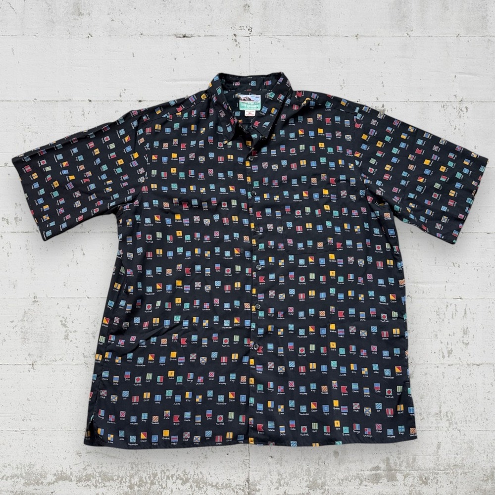 Vintage Reyn Spooner XL NATO Alphabet Flags Hawaiian Aloha Shirt Black Rayon